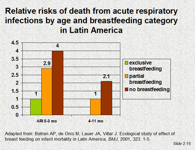 Relative risks of death from acute respiratory infections by age and breastfeeding category in Latin America